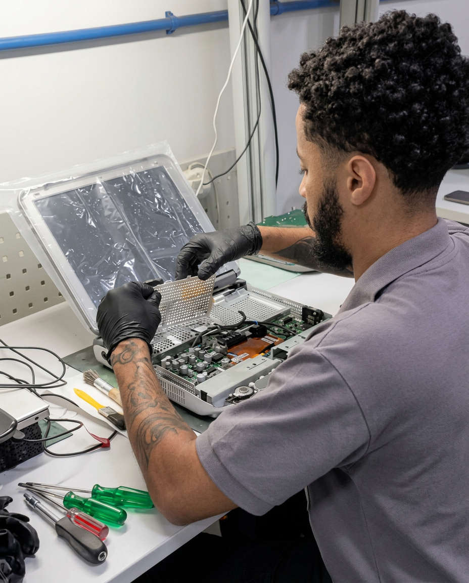 Técnico da Promovendo abrindo e reparando equipamento médico na bancada